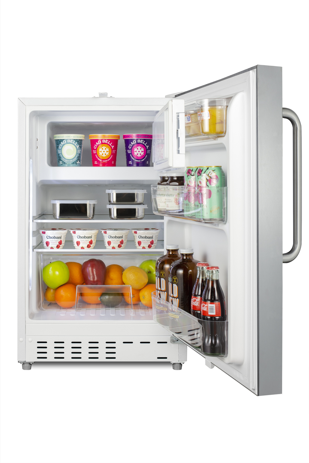 Built-in undercounter ADA compliant refrigerator-freezer with a stainless steel cabinet and reversible SS door, with a towel bar handle for residential use, manual defrost with glass shelves, front lock, and door storage